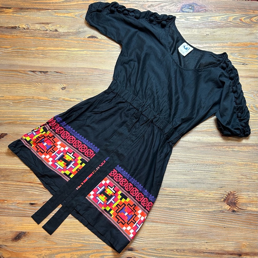Anthropologie Mermaid Label Black Cotton Dress with Geometric Trim and Sash